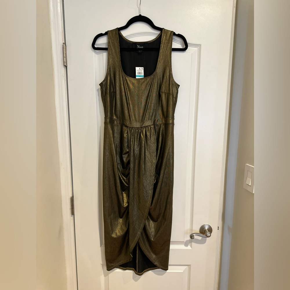 NWT Metallic Scoop-Neck Faux-Wrap Midi Dress,